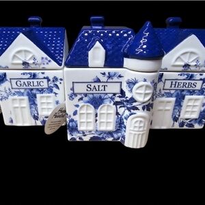 Blue and White Ceramic Spice Jars Salt, Garlic And Herb By Beau Monde